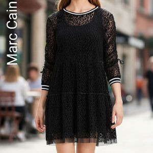 Women's Marc Cain Black Leopard burnout Print Long Sleeve Sheer Dress M